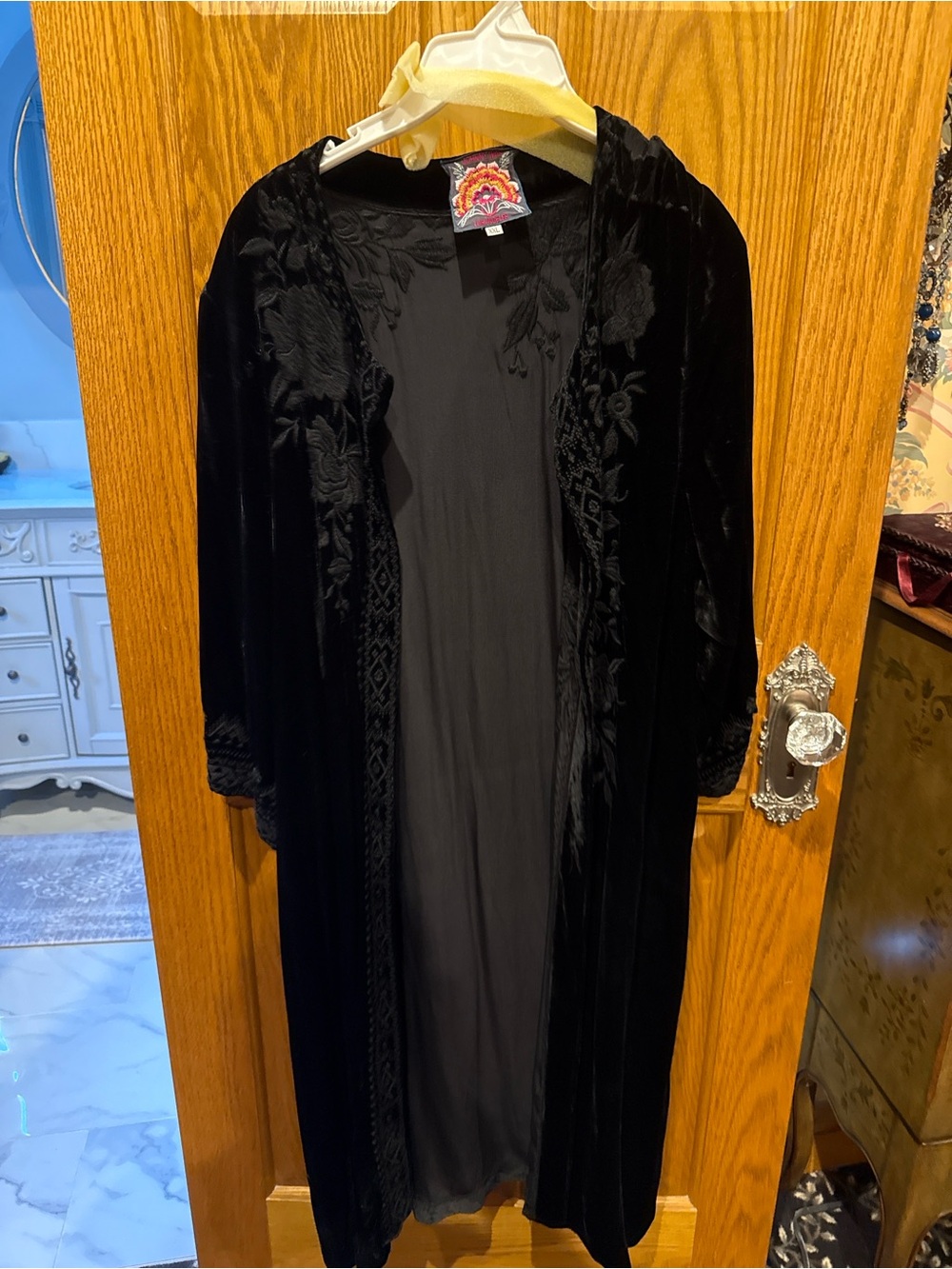 Johnny Was Black Velvet Embroidered Long Robe
